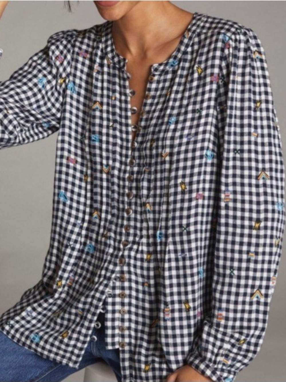 Anthropologie Gingham Black & White Button Up Top Colorful Embroidery Size Small